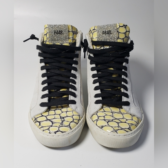 P448 Women's High Top White / Yellow Embossed Toe Sneaker Size 36 - Picture 1 of 13